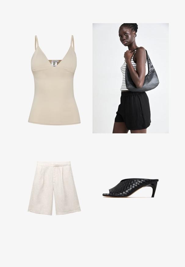 Beige tank top med V-hals design og justerbare spaghetti-stropper. Fremstillet af glat, strækbart stof med en tætsiddende silhuet.; Beige linnedragt med brede ben, der har folder foran og en glat talje. Stoffet har en let struktureret overflade.; Sorte vævede mule-sandaler med åben tå og en slank, buet hæl. Materialet har en blank finish og viser et tekstureret, ternet mønster.; Sort læderhandtaske med en buet form, prydet med sølvfarvede nitter langs sømmen. Modellen bærer en stribet tank top og sorte shorts.