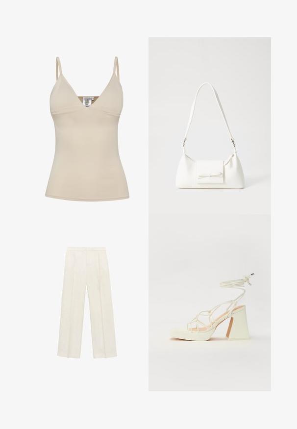 Beige Tanktop mit V-Ausschnitt und verstellbaren Spaghettiträgern. Hergestellt aus glattem, elastischem Stoff mit taillierter Silhouette.; Weit geschnittene Hosen in einem hellen cremefarbenen Farbton. Hergestellt aus einem glatten Stoff mit Falten an der Vorderseite und seitlichen Taschen.; Weiße High-Heel-Sandale mit einem klobigen Absatz, die über ein Riemchendesign und ein Knöchelband verfügt. Glatte Textur mit einer Plattform vorne für zusätzliche Höhe.; Weiße synthetische Handtasche in dreieckiger Form, flache Vorderklappe und Schleifendetail, verstellbarer Trageriemen, glatte Textur und minimalistisches Design.