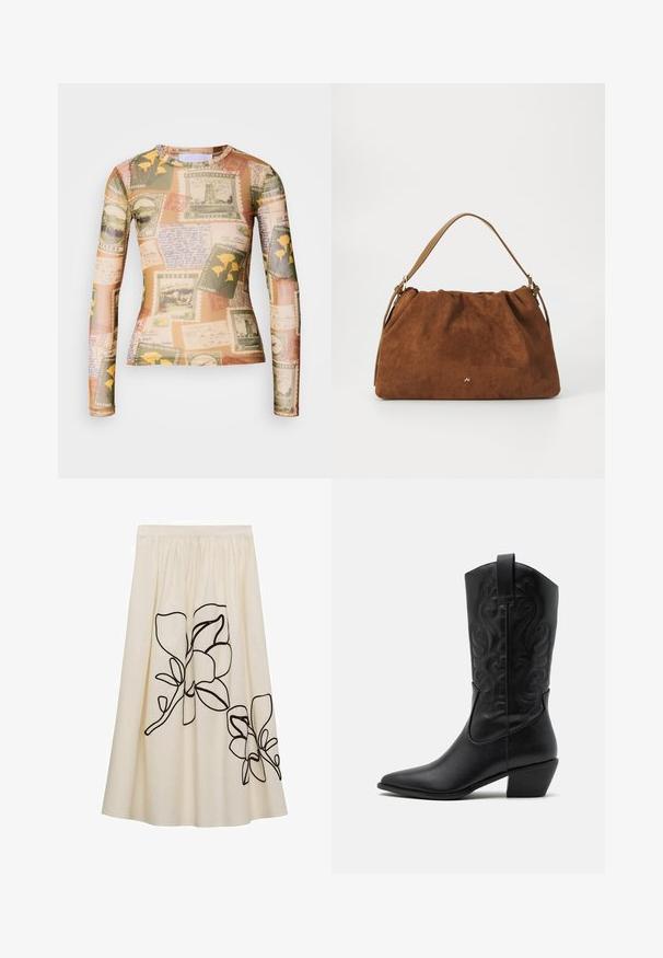 Pitkähihainen paita sisältää sekoituksen vintage-postimerkkejä ja käsinkirjoitettuja muistiinpanoja maanläheisissä beige, vihreissä ja keltaisissa sävyissä.; Kermanvärinen hame, jossa on mustaa kukkakirjontaa, vyötäröllä kokoontuva muotoilu ja virtaava tyyli, valmistettu kevyestä kankaasta.; Musta nahkasaapas cowboy-malli, jossa on terävä kärki, kohokuvioituja pyörteileviä kuvioita ja keskikorkea korko. Varustettu vetoketjulla helppoa pukeutumista varten.; Ruskea nukkaohut laukku, jossa on poimittu muotoilu, ja siinä on yksittäinen vaaleanruskea nahkahihna sekä hillitty kultainen logo etuosassa.