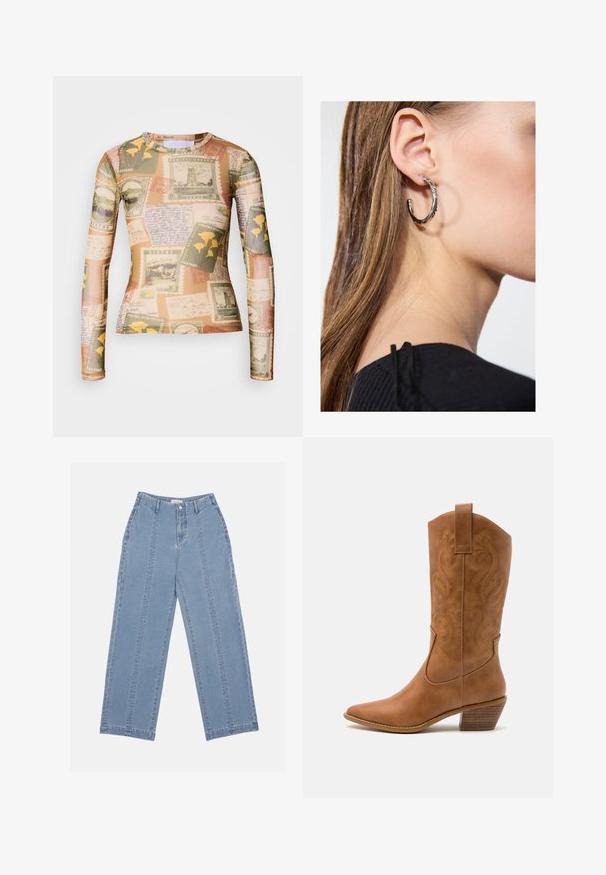 Langærmet skjorte med et miks af vintage frimærker og håndskrevne noter i jordfarver som beige, grøn og gul.; Lyseblå brede jeans lavet af denim. Har høj talje, knaplukning og synlige syninger. Ingen lommer er synlige foran.; Tan læder cowboystøvle med spids tå, broderede svirvelmønstre på skaftet og en stablet blokhæl. Har en træksløjfe for nem af/på.; Sølv hoop ørestik med en poleret overflade, prydet med små guld accenter og en rund form, båret på øreflippen.