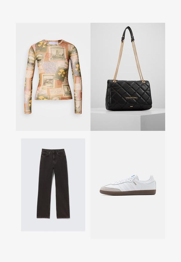 La camicia a maniche lunghe presenta una combinazione di francobolli vintage e appunti scritti a mano in toni terrosi di beige, verde e giallo.; Jeans in denim nero con taglio dritto, dotati di tasche frontali, passanti per cintura e dettagli di cucitura sottili. Realizzati in cotone resistente.; Sneakers bianchi in pelle con punta in suede grigia, tre strisce orizzontali bianche, accenti blu e suola in gomma marrone. Dettaglio testurizzato sulla suola.; Borsa a tracolla nera in pelle trapuntata con catena dorata e dettaglio del logo. Forma rettangolare, texture liscia, con chiusura a pattina.
