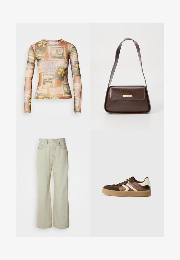 Langærmet skjorte med et miks af vintage frimærker og håndskrevne noter i jordfarver som beige, grøn og gul.; Lysblå, brede bukser i denim med høj talje, fem lommer og diskret falmning med kontraststikninger.; Brune og creme sneakers med en kombination af ruskind og satin materialer, der har tre diagonale striber og en struktureret gummisål.; Brun læder skuldertaske med en struktureret form, der har en magnetisk klaplukning og en metallisk logoaccents på forsiden.