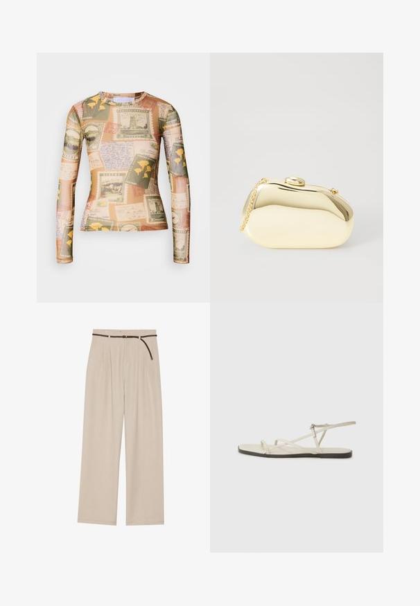 Langærmet skjorte med et miks af vintage frimærker og håndskrevne noter i jordfarver som beige, grøn og gul.; Beige vide benbukser med indlæg, lavet af letvægtsstof, med et flettet brunt bælte og en lige kant.; Beige flad sandal med flere slanke stropper og en justerbar spænde. Sålen er flad med en let mørkere kontrast ved kanten.; Metallic guld clutch med en glat, rund form, udstyret med en topknap-lås og et lille kædehåndtag til bæring.