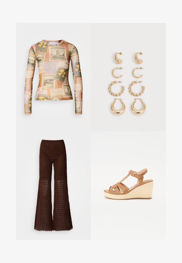 Košeľa s dlhým rukávom má zmes vintage poštových známok a rukou písaných poznámok v prírodných odtieňoch béžovej, zelenej a žltej.; Hnedé háčkované zvonové nohavice s čipkovaným vzorom, s textúrovaným povrchom a širokými otvormi na nohách, navrhnuté pre voľný strih.; Hnedé wedges sandále s kríženým popruhom, nastaviteľnou prackou na členku a štruktúrovaným tkaným espadrilovým klinom.; Sada piatich zlatých náušníc s rôznymi dizajnami: skrútené, ryhované a hladké povrchy v tvaroch kruhu a pologule.