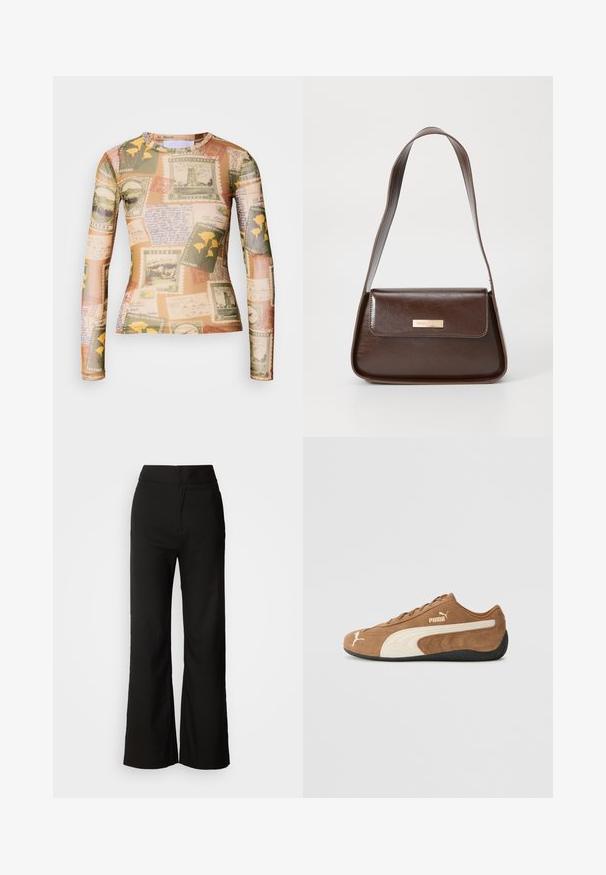 Het langemouw overhemd heeft een mix van vintage postzegels en handgeschreven aantekeningen in aardse tinten van beige, groen en geel.; Zwarte wijde broek met een gladde textuur, hoge taille en een strakke uitstraling. Geen zichtbare zakken of versieringen.; Bruine suède low-top sneakers met crèmekleurige accenten, een gestructureerd oppervlak, een zwarte rubberen zool en een geborduurd logo aan de zijkant en op de tong.; Bruine leren schoudertas met een gestructureerde vorm, voorzien van een magnetische klepsluiting en een metallic logoaccent aan de voorkant.; Gouden creolen met een textuur en onregelmatige vorm. Voorzien van een naadloze sluiting en een gepolijste afwerking, wat het moderne ontwerp benadrukt.