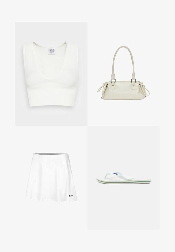 Witte geribbelde crop top met een diepe V-halslijn en brede schouderbanden. Label zichtbaar met de merknaam "BDG" en maat "S." Glad textuur.; Witte tennisrok van lichtgewicht stof, met een uitlopende design en een elastische tailleband. Een klein zwart Nike-logo bevindt zich aan de zoom.; Witte flip-flops met een gestructureerde voetbed, slanke bandjes en een veelkleurige accentlijn op de zool. Voorzien van een logo op het bandje.; Beige leren handtas met een gladde textuur, dubbele ronde handvaten en verstelbare strikaccenten aan beide zijden. Voorzien van hardware in zilverkleur.