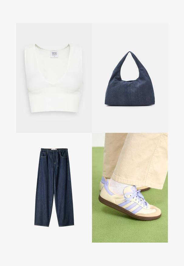 Bílý pruhovaný crop top s hlubokým výstřihem do V a širokými ramínky. Viditelná visačka s názvem značky "BDG" a velikostí "S." Hladká textura.; Tmavě modré džíny s širokým střihem. Mají elastický pas, šňůrku na stahování a přední kapsy. Hladký povrch s viditelným švem.; Krémové a levandulové tenisky se třemi pruhy a texturovanou hnědou podrážkou, vybavené tkaničkami a polstrovanou patou. Měkký textilní svršek.; Tmavě modrá džínová taška se soft, volným tvarem, vybavená uchem v hobo stylu a texturovaným povrchem. Žádné viditelné kovové prvky.