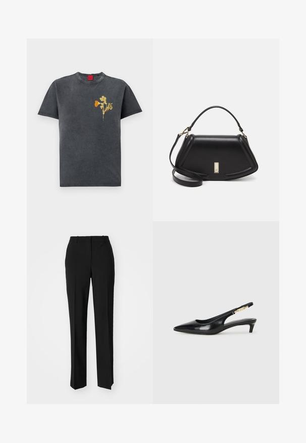 Grey cotton t-shirt with round neck, short sleeves, featuring a floral design in yellow and orange on the left side.; Black tailored trousers with a straight-leg design, featuring a smooth texture and crisp creases along the front. No visible hardware.; Black leather slingback heels with a pointed toe, featuring a slim heel and a gold-tone accent on the adjustable strap. Smooth texture.; Black leather handbag with a structured design, featuring a cropped shape, top handle, and gold hardware accent. Adjustable shoulder strap included.