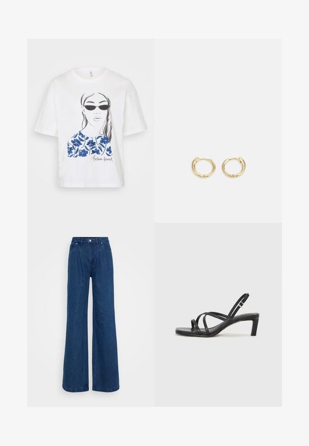 White T-shirt featuring a black line drawing of a woman with sunglasses, adorned with blue floral prints and "Fashion Forward" text.; Wide-leg blue denim jeans with a high waist, front button and zipper closure, and front and back pockets against a plain background.; Black strappy sandal with a square toe and a low block heel. Features multiple thin straps and an adjustable ankle strap. Made of smooth leather.; Gold hoop earrings with a smooth, rounded design. Features a small hinge closure, lightweight appearance, and a polished finish.