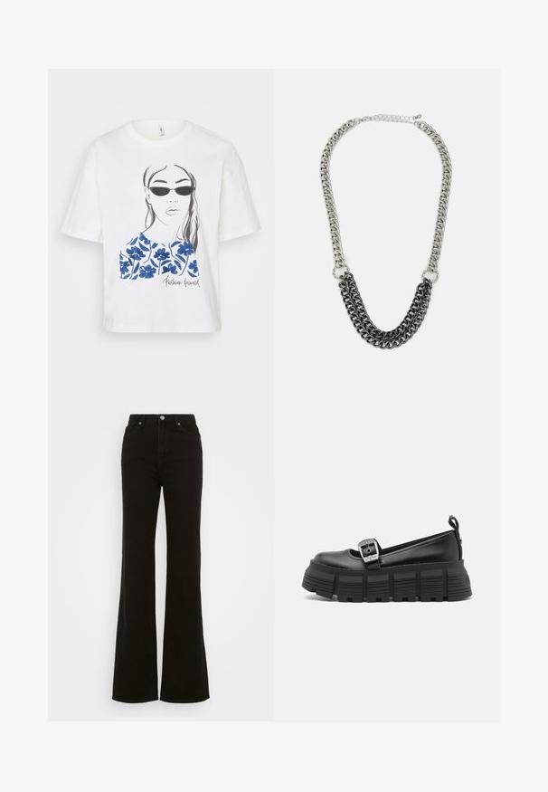 Camiseta blanca con un dibujo de línea negra de una mujer con gafas de sol, adornada con estampados florales azules y el texto "Fashion Forward".; Vaqueros acampanados de tiro alto en negro, hechos de mezclilla, con cierre de botón, bolsillos laterales y una textura suave.; Mocasines de plataforma negros con punta redondeada, parte superior de cuero suave, hebilla ajustable y suela de goma texturizada con estrías horizontales.; Collar de cadena metálica con eslabones alternos en plata y negro. Presenta un diseño de tres niveles y un cierre con una cadena ajustable.
