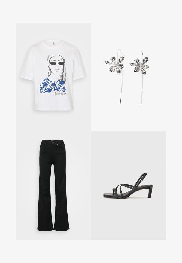 White T-shirt featuring a black line drawing of a woman with sunglasses, adorned with blue floral prints and "Fashion Forward" text.; Black flared jeans made from denim, featuring a high waist, five pockets, and metal button closure. Smooth texture with minimal detailing.; Black strappy sandal with a square toe and a low block heel. Features multiple thin straps and an adjustable ankle strap. Made of smooth leather.; Silver flower-shaped earrings with a textured finish, featuring long hooks and petal-like details for an intricate design.