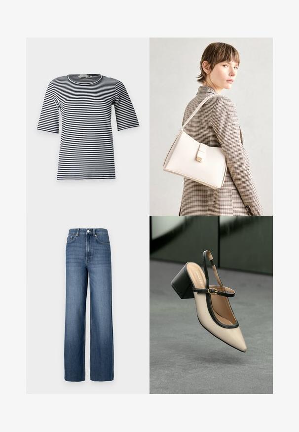 Tricou cu dungi, având dungi orizontale albastre marine și albe, guler rotund și mâneci scurte, fabricat dintr-un material moale din amestec de bumbac.; Jeans din denim albastru cu talie înaltă și croială largă. Prezintă un design clasic cu cinci buzunare și detalii cu butoane metalice.; Pantof divers în nuanță bej, cu vârf ascuțit, curea de susținere în spate, cu margine neagră, cataramă aurie și toc gros pe un podea gri, cu un fundal verde închis.; Geantă de mână din piele albă cu un design structurat, având o închidere magnetică și un breteau, expusă pe un fundal neutru.