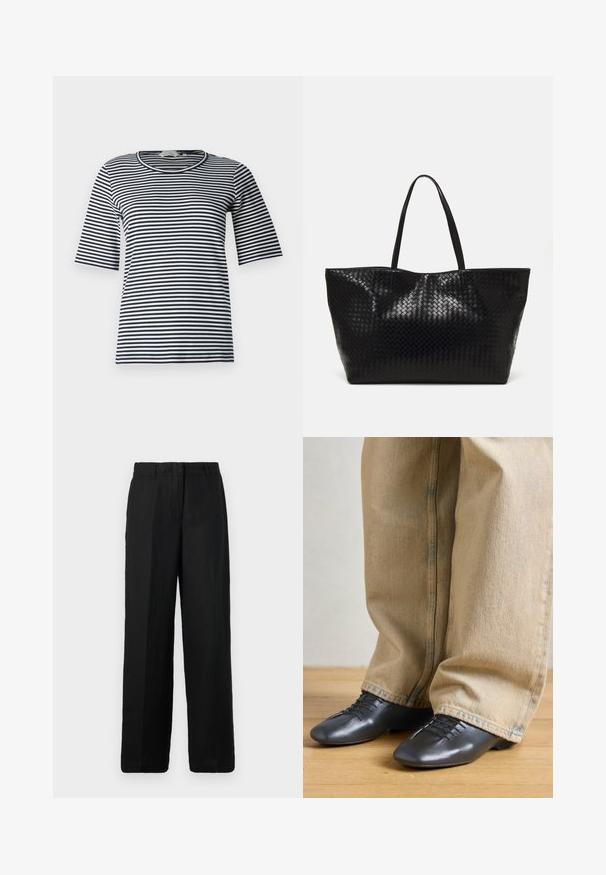 Randig t-shirt med marinblå och vita horisontella ränder, rund halsringning och korta ärmar, tillverkad av ett mjukt bomullsblandat tyg.; Svarta vida byxor i ett lättviktigt tyg. Har en flat front med bältesöppningar och sidofickor, vilket ger en avslappnad passform.; Svarta läderskor med en slät textur, låg profil och snörning, kombinerade med lösa, ljusbeiga denimbyxor.; Svart vävd strandväska med två stadiga handtag, med en glänsande yta och en rymlig öppen toppdesign.