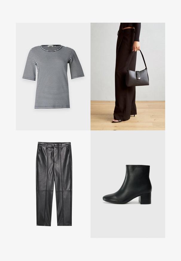 Randig t-shirt med marinblå och vita horisontella ränder, rund halsringning och korta ärmar, tillverkad av ett mjukt bomullsblandat tyg.; Svarta läderbyxor med en slät textur, med rak passform, två framfickor och synliga sömdetaljer.; Svarta läderankelstövlar med spetsig tå och kraftig klack. Slät textur med minimala accenter och en stilren, åtsittande design.; Svart handväska med strukturerad form, slät yta och metallspänne. Matchad med vida svarta byxor och sandaler med öppen tå på trägolv.