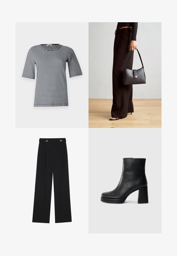 Camiseta de rayas con franjas horizontales en azul marino y blanco, cuello redondo y mangas cortas, confeccionada en una suave mezcla de algodón.; Pantalones de pierna ancha negros con cintura alta, detalles de botones en la cinturilla y pliegues en la parte delantera.; Botín de cuero negro con tacón cuadrado y suela de plataforma, visto de lado sobre un fondo blanco liso.; Bolso negro con forma estructurada, textura suave y un cierre metálico. Combinado con pantalones anchos negros y sandalias de dedo en un suelo de madera.