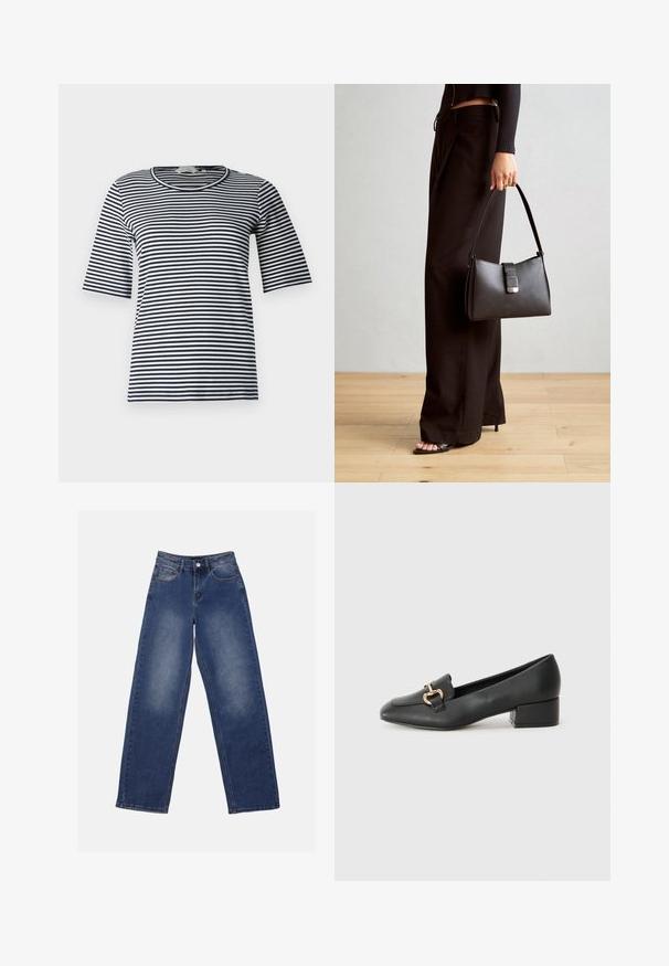 Striped t-skjorte med marineblå og hvite horisontale striper, rund hals, og korte ermer, laget av et mykt bomullsblandingsstoff.; Anna Field Wide leg - blue wash; Sorte skinnloafers med flat hæl, med dekorativ detalj i gull foran og en jevn tekstur.; Svart håndveske med strukturert form, jevn tekstur og metallisk lås. Kombinert med brede svarte bukser og sandaler med åpen tå på tregulv.