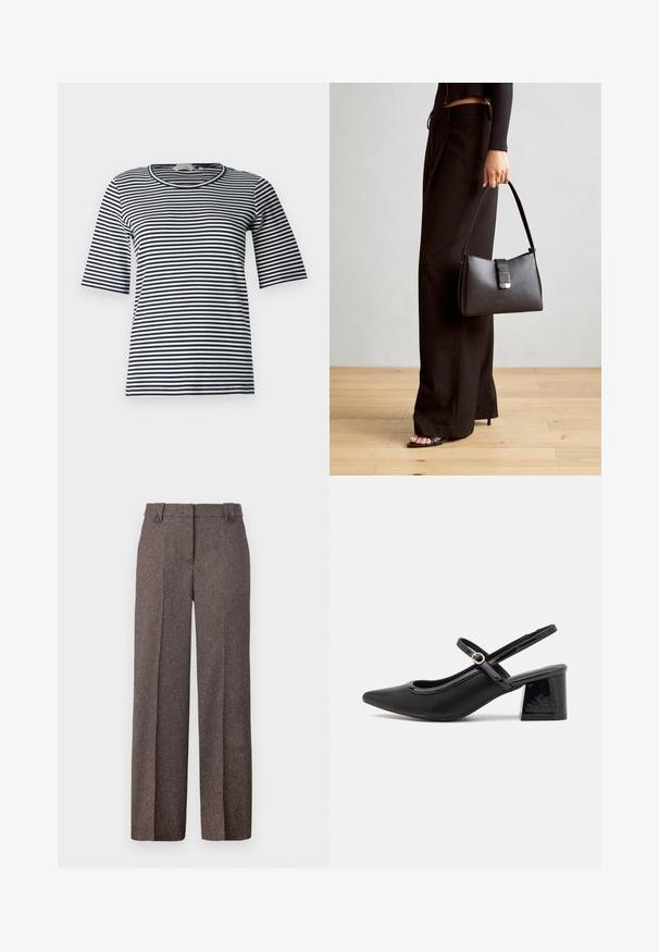 Prugasta majica s mornarsko plavim i belim horizontalnim prugama, okruglim izrezom i kratkim rukavima, izrađena od mekanog pamuka.; Rjave široke hlače iz teksturirane tkanine. Imajo dva sprednja žepa in prilega se kroju z dvema gumboma na pasu.; Črne patentne usnjene salonarce s slingback obliko, s koničastim nosom, zaobljenim izrezom in blok peto. Imajo zlato kovinsko zaponko kot dodatno okrasje.; Črna torbica z strukturirano obliko, gladko teksturo in kovinskim zaponko. Ujemajo se z širokimi črnimi hlačami in odprtimi sandali na lesenem tleh.