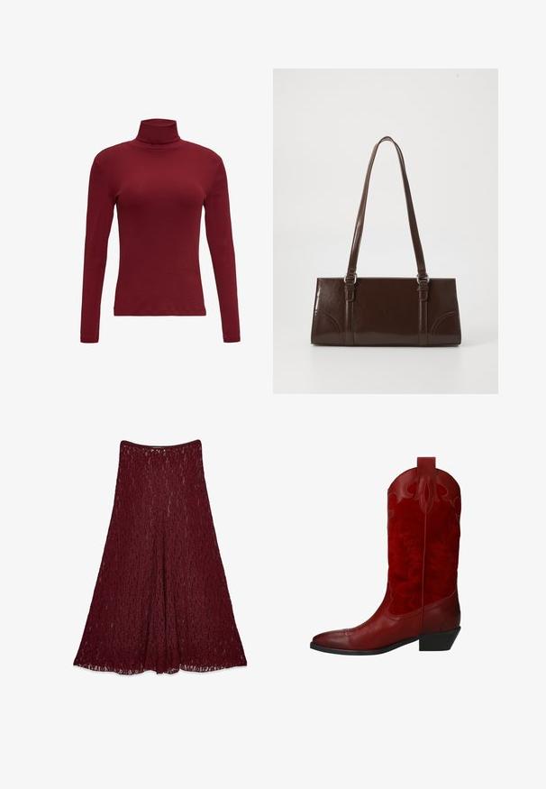 Bordeaux lange mouwen turtleneck gemaakt van zachte katoenen stof met een aansluitende pasvorm en een subtiele ribstructuur rond de kraag.; Lange bordeaux laken rok met een A-lijn silhouet en semi-doorzichtig bloemenpatroon.; Rode cowboylaars van een combinatie van glad leer en textuur-suède, met decoratieve stiksel en een lage hak.; Bruine lakleren handtas met een rechthoekige vorm, twee lange handvatten en subtiele gebogen accenten aan de voorkant.