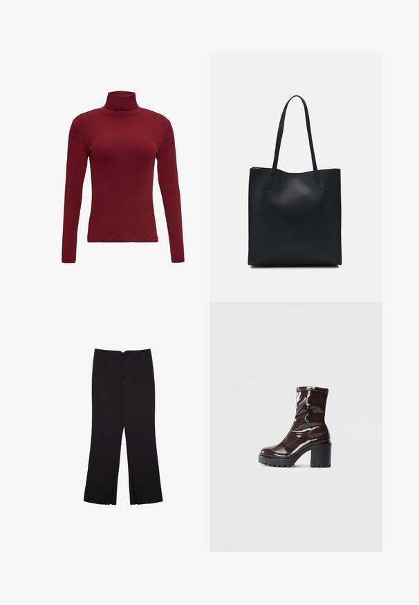 Burgunderfarbener Langarmrollkragen aus weichem Baumwollstoff mit einer figurbetonten Silhouette und einer dezenten Rippstruktur am Kragen.; Schwarze Hose mit geradem Schnitt, ausgestattet mit Fronttaschen und Seitenschlitzen am Saum. Hergestellt aus weichem, glattem Stoff. Geeignet für verschiedene Anlässe.; Glatte bordeauxrote Ankle Boots mit einem klobigen schwarzen Absatz, die eine glatte Oberfläche und ein einfaches Design aufweisen. Keine sichtbaren Verschlüsse oder Muster.; Schwarze Laptoptasche aus Leder mit glatter Textur, rechteckiger Form und zwei langen Griffen. Keine sichtbaren Beschläge oder Verzierungen.