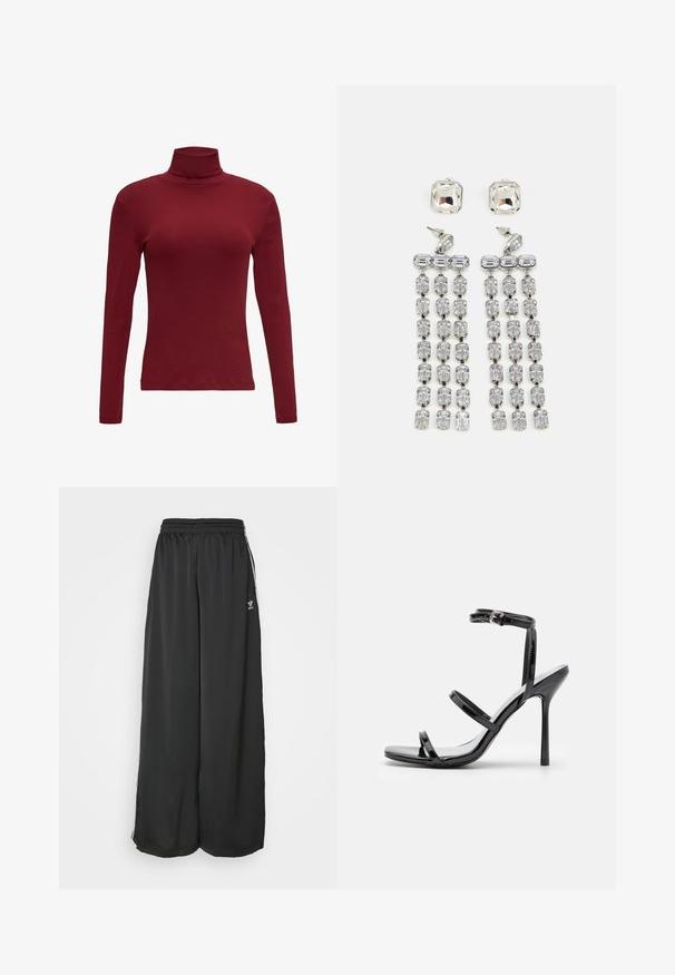 Burgunderfarbener Langarmrollkragen aus weichem Baumwollstoff mit einer figurbetonten Silhouette und einer dezenten Rippstruktur am Kragen.; Schwarze, locker sitzende Jogginghosen aus glattem Material. Mit elastischem Bund und seitlichen Streifen mit Logo-Akzenten.; Schwarze Lackleder-High-Heel-Sandalen mit drei horizontalen Riemen und einem verstellbaren Knöchelriemen. Schlanke Silhouette und glänzende Oberfläche.; Kristall-Ohrringe mit silberfarbener Hardware, die einen quadratischen Stecker und kaskadierende Reihen von rechteckigen und achteckigen Kristallen aufweisen.