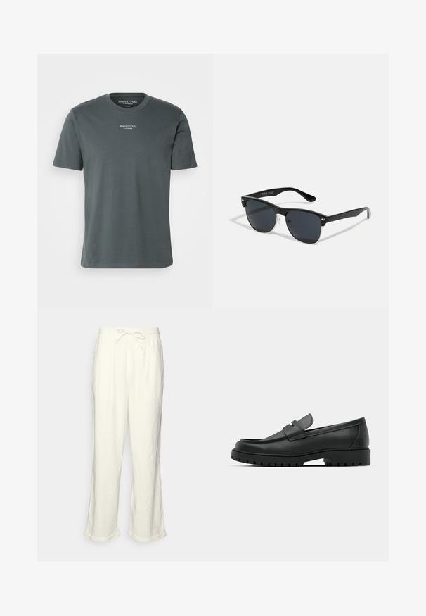 Mørk grå bomulls T-skjorte med rund hals, korte ermer og en liten hvit logo trykt nær brystet. Glatt tekstur.; Linstanter i off-white med drawstring midje, lett vide ben og rullede ermer for en avslappet passform. Ingen lommer.; Sorte lærloafere med rund tå, med en syddesign, lav plattformsåle og en teksturert, ruggede gummisåle.; Sorte solbriller med rektangulær form, mørke linser, sølvfargede detaljer ved templene, og en matt finish på rammen.