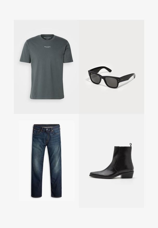 Tumehallist puuvillast T-särk, ümmarguse kaelusega, lühikeste varrukatega ja väike valge logo trükitud rinnale. Sujuv tekstuur.; Tumed sinised teksad kerge kulumisega reite piirkonnas, viie-tasku disain, nööp sulgemine ja nähtav oranž õmblus valgel taustal.; Zign LEATHER - Kauboi/mootorratturi poolsaapad - black; Mustad mustad raami prillid, tumedate läätsedega. Kaunistatud väikeste kuldsete punktidega ja kuldse logoga templis. Sile tekstuur.