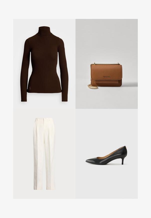 Polo Ralph Lauren STRETCH RIBBED TURTLENECK - Ilgarankovis viršutinės dalies drabužis - circuit brown; Polo Ralph Lauren HEMP WIDE LEG PANT - Kelnės - nevis; Juodos odinės aukštakulnės bateliai su smailiu nosiu, žemu kulnu ir lygiu paviršiumi. Priekyje yra nedidelis atvirumas, o gale minimalus apdaila.; Ruda tekstūruota odinė per petį nešama rankinė su auksiniu grandininiu dirželiu ir užlenkiamo užsegimo. Priekinėje pusėje yra logotipo detalė ir kišenė po užlenkimu.