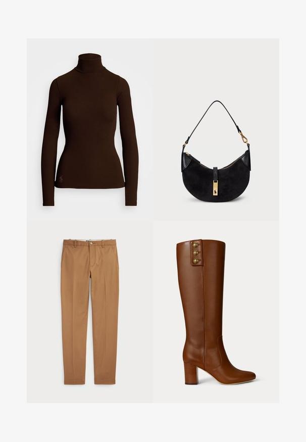 Polo Ralph Lauren STRETCH RIBBED TURTLENECK - Maglietta a manica lunga - circuit brown; Pantaloni in cotone marrone con un design slim-fit, frontale piatto e tasche standard; texture liscia e orli rifiniti.; Stivale in pelle marrone alto fino al ginocchio con punta quadrata e tacco impilato. Presenta tre bottoni dorati sul lato superiore per un tocco di dettaglio.; Borsa nera con forma curvilinea, realizzata in camoscio e pelle, con una cerniera in tonalità oro e un dettaglio del logo. Include un manico corto.