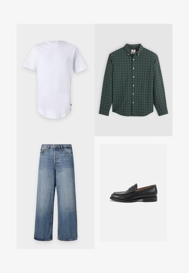 Valge lühikeste varrukatega t-särk, mis on valmistatud puuvillast. Ümmargune kaelus ja kõver hem. Silt nähtav vasakul allservas. Sile tekstuur.; Pikend varrukatega nööbiga särk rohelise, sinise ja kollase ruudulise mustriga, valged nööbid ja nööbitud krae.; Laia siniste denimpükse, millel on pleekinud pesu, viie tasku disain ja nööbi sulgemine. Varustatud vööde jaoks silmadega ja õmblustega detailidega.; Mustad mustad nahast loafers, sujuva viimistlusega, ümar sirge ja dekoratiivne tikand peal. Madal ja kergelt kuhjatud konts ning kerge läige.
