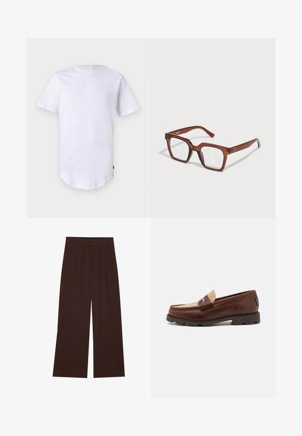 Hvit kortermet t-skjorte laget av bomull. Crew neck-design med buet nederkant. Merke synlig på venstre nederste side. Glatt tekstur.; Brune vide benbukser med plisseringer. Laget av et glatt stoff, med skjært midjebånd og sidelommer. Flat kant nederst.; Brune lærloafers med en taupe canvas-accent, syet detalj og en teksturert gummisåle designet for komfort og holdbarhet.; Brune overdimensjonerte rektangulære briller med klare linser og en svak rosa nyanse på høyre linse. Plastisk ramme med jevn tekstur.