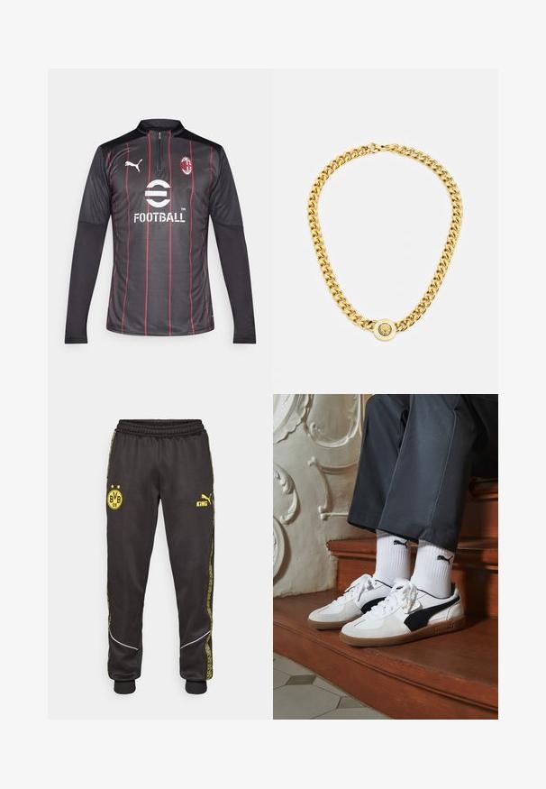 Zwarte footballtrui met lange mouwen en rode verticale strepen, voorzien van een halve rits kraag, logo-accenten en een gestructureerd stofontwerp.; Zwarte sportbroeken met gele logos van Borussia Dortmund BVB 09 en Puma King, een elastische tailleband en gestreepte gele zijpanelen.; Puma sneakers in wit en zwart suède, met een bruine rubberen zool. Gecombineerd met witte sokken met een zwart logo, gedragen met donkere broek.; Gouden ketting met grote onderling verbonden schakels, met een ronde hanger in het midden met een verhoogd embleem.