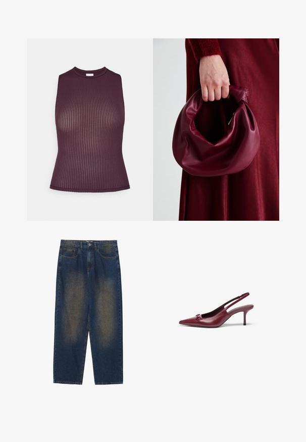 Burgundy ribbade ärmlösa topp med hög halsringning, figurnära design och jämn textur. Har en ren, avslutad sidsöm.; Blå denimbyxor med en avslappnad passform, medelvattning, fem fickor, knappstängning och något blekta sektioner på framsidan.; Burgundy slingbackklackar med spetsig tå, tillverkade av läder. Har en dekorativ detalj på framfoten och en 7,5 cm hög stilettklack.; Burgundy läderhandväska med en mjuk, samlad design och rundad form. Handtaget är säkrat och visar en slät yta.