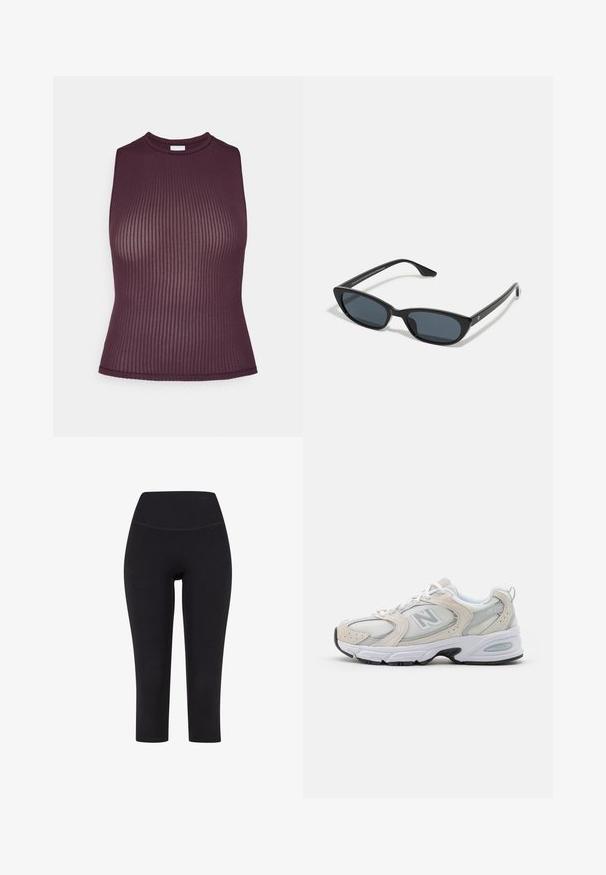 Burgundia sooneta ilma varrukateta tipp kõrge kaelusega, tiheda kujundusega ja siledast tekstuurist. Omab puhtalt lõpetatud äärist.; Mustad kolmveerandi pikkusega legginsid, mis on valmistatud venivast kangast, kõrge vöökoha ja ilma nähtavate mustrite või detailideta.; Sportlik king, millel on helehall võrgust ülemine osa, sametised aktsendid, valged nöörid ja must kummist tald. Silmatorkav ABZORB pehmendusdetail.; Mustad musta kassi silma päikeseprillid tumedate objektiividega, plastist raam, kitsad tempelid ja peene brändingu detail siseküljel. Matte viimistluse tekstuur.