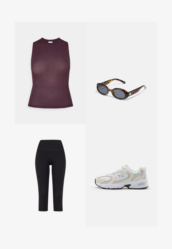 Burgunderfarbene, gerippte ärmellose Bluse mit hohem Ausschnitt, figurbetontem Design und glatter Textur. Verfügt über einen sauberen, fertigen Saum.; Schwarze 3/4-Leggings aus dehnbarem Material mit hohem Taillenbund und ohne sichtbare Muster oder Hardware.; Sportlicher Schuh mit einem hellgrauen Mesh-Obermaterial und Wildlederakzenten, weißen Schnürsenkeln und einer schwarzen Gummisohle. Auffälliges ABZORB-Dämpfungselement.; Braune Schildpatt-Sonnenbrille mit ovalen Gläsern und dunkelgrauem Verlauf. Mit einem goldfarbenen Akzent an den Bügeln. Glatte Kunststoffoberfläche.