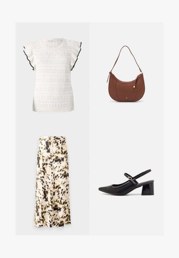 White knitted top featuring a textured pattern with ruffled sleeves. Accented with a black trim along the sleeve edges.; A knee-length skirt in a light fabric with a beige, brown, and green abstract pattern. Features a fitted waistband and flowing design.; Black patent leather slingback heels with a pointed toe, a rounded cutout design, and a block heel. Features a gold-tone buckle accent.; Brown faux leather shoulder bag with curved shape, minimal stitching, and a gold-tone hardware accent. Features a top zipper closure and adjustable strap.