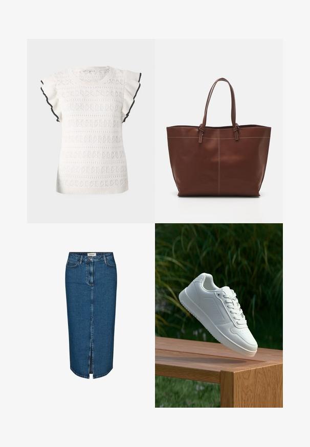 Valkoinen neulepaita, jossa on teksturoitu kuvio ja frillihihat. Korostettu mustalla reunuksella hihansuiden äärellä.; Tummansininen denim-mekko, jossa on edessä halkio, viisi taskua ja kontrastiväriset saumat. Keskikorkea vyötärö ja klassinen muotoilu.; Valkoiset tennarit, joissa on sileä synteettinen päällinen, rei'itetty varvasosa, litteät nauhat ja teksturoitu pohja, esillä puupinnalla.; Ruskea nahkainen olkitasku, jossa on kaksinkertaiset kahvat, erottuva ommel ja tilava muotoilu, sopii jokapäiväiseen käyttöön.