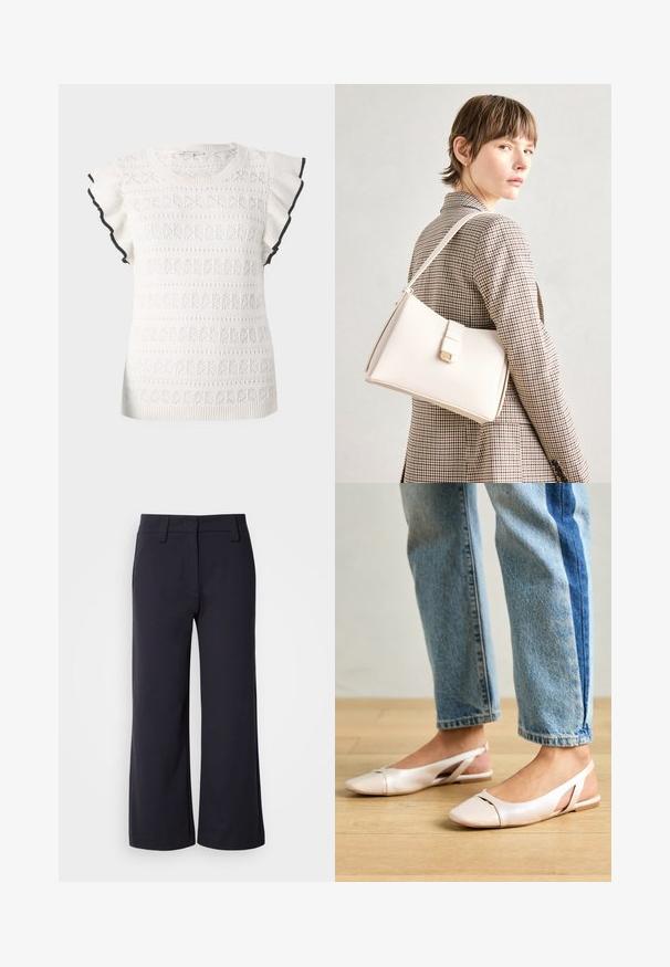 Top alb tricotat, cu un model texturat și mâneci volănașe. Accentuat cu o margine neagră pe laturile mânecilor.; Pantaloni lejeri din material de culoare bleu închis. Au un front plan, bucle pentru centură și buzunare laterale. Materialul este neted și are o ușoară elasticitate.; Sandalete plate de un roz pal cu vârf ascuțit, realizate dintr-un material asemănător pielii, neted. Prezintă detalii decupate pe laterale și un toc plat.; Geantă de mână din piele albă cu un design structurat, având o închidere magnetică și un breteau, expusă pe un fundal neutru.