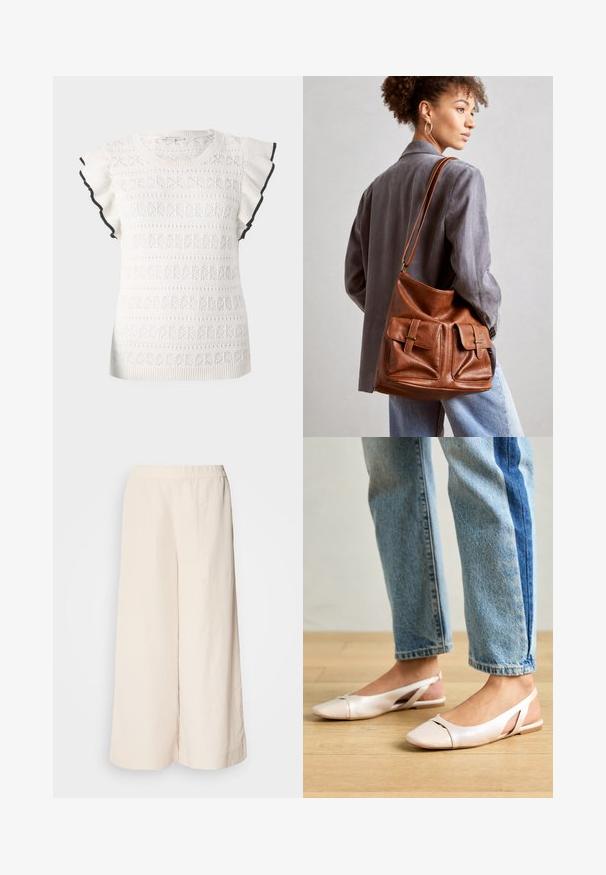 Fehér kötött felső, textúrált mintával és fodros ujjal. Fekete díszítés az ujjlenyomatok szélén.; Krém színű, bő szárú nadrág, rugalmas derékkal, laza fazonnal és sima textúrával, alkalmas hétköznapi viseletre.; Világos rózsaszín slingback laposlábú cipők, hegyes orral, sima bőrhatású anyagból készült. Oldalt kivágott részletek találhatók rajta, valamint lapos sarkú.; Barna bőr vödörtáska, amely két elülső zsebbel rendelkezik, csattos díszítéssel. A táska sima felületű, és állítható pánttal rendelkezik.