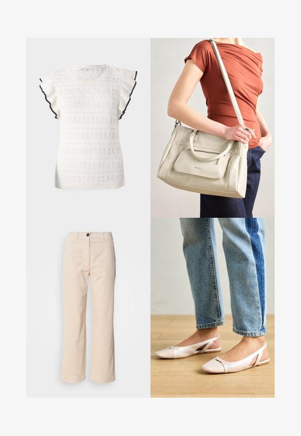 Balts adīti topiņš ar faktūru rakstu un volānu piedurknēm. Akcentēts ar melnu apdari ap piedurkņu malām.; Beige corduroy bikses ar taisnām kājām, priekšējā pogu aizdare un sānu kabatas uz balta fona.; Bālti rozā siksniņu dzīvokļi ar smailu purngalu, izgatavoti no gludas ādas līdzīgās materiāla. Iezīmē izgriezumu detaļas sānos un platu papēdi.; Balta ādas rokas soma ar diviem rokturiem un noņemamu siksnu, ar priekšējo rāvējslēdzēja kabatu un gludu tekstūru. Cilvēka rokā.