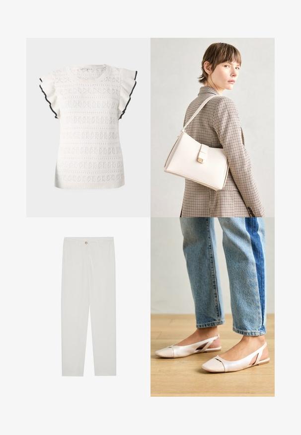 White knitted top featuring a textured pattern with ruffled sleeves. Accented with a black trim along the sleeve edges.; White, tailored trousers with a straight leg design, featuring a button closure, belt loops, and side pockets; smooth fabric texture.; Pale pink slingback flats with a pointed toe, made from a smooth leather-like material. Features cut-out details at the sides and a flat heel.; White leather handbag with a structured design, featuring a magnetic clasp and a shoulder strap, showcased against a neutral background.