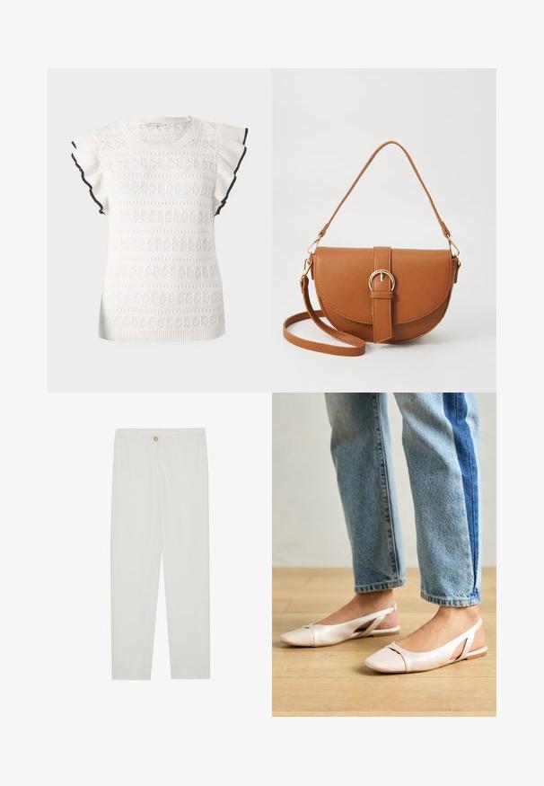 White knitted top featuring a textured pattern with ruffled sleeves. Accented with a black trim along the sleeve edges.; White, tailored trousers with a straight leg design, featuring a button closure, belt loops, and side pockets; smooth fabric texture.; Pale pink slingback flats with a pointed toe, made from a smooth leather-like material. Features cut-out details at the sides and a flat heel.; Brown leather crossbody bag with a curved shape, gold hardware, and a buckle accent. Features a detachable shoulder strap.