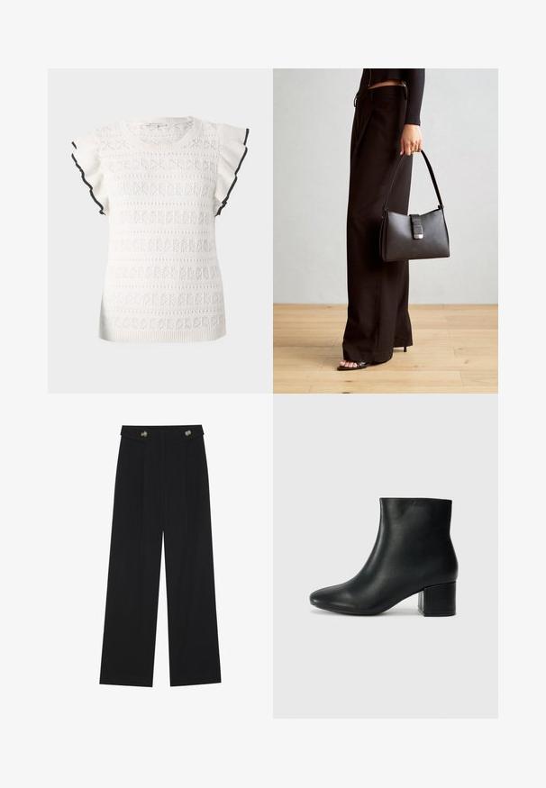 Valge kootud top, millel on tekstuuriga muster ja volangiga varrukad. Ääristatud musta trimmi abil varruka servadel.; Mustad laiad püksid kõrge vöökoha ja nööpdetailidega vööandil, esikortsudega.; Mustad nahast pahkluu saapad terava varbaga ja jämeda kandaga. Sile tekstuur minimaalse aktsentidega ja stiilne, lihvitud disain.; Must musta kott, millel on struktureeritud kuju, sile tekstuur ja metallist klamber. Kombineeritud laiate mustade pükstega ja avatud varvaste sandaalidega puidust põrandal.