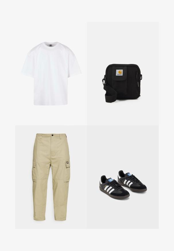 Bílý bavlněný tričko s kulatým výstřihem, krátkými rukávy a volným střihem. Vyznačuje se jednoduchým designem a hladkým povrchem.; Beige cargo kalhoty vyrobené z odolné tkaniny, s dvěma bočními kapsami, knoflíkovým zapínáním a tapered nohavicemi se hladkým povrchem.; Černé tenisky s vrškem z semiše a syntetického materiálu, s třemi bílými pruhy, texturovanou gumovou podrážkou a modrou nášivkou loga na jazyku.; Černá crossbody taška s hlavním oddílem na zip, přední kapsou, nastavitelním popruhem a viditelnou logem na klopě.