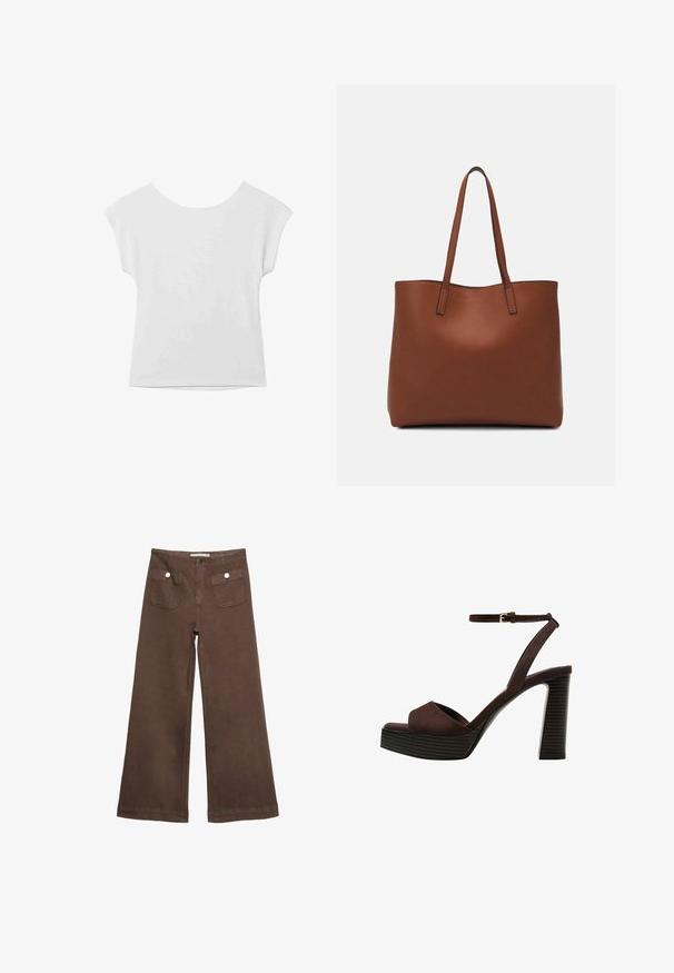 Weißes Kurzarmoberteil mit rundem Halsausschnitt und lockerer Passform. Aus einem glatten Stoff gefertigt, mit subtiler Textur und klaren Linien.; Braune weit geschnittene Hosen aus Baumwolle, mit zwei Fronttaschen mit silbernen Knöpfen und einer glatten Textur.; Braune Wildleder-Pumps mit offenem Zeh, verstellbarem Knöchelriemen und gestreiftem Plateausohlen.; Braune Leder-Tote mit glatter Textur, offenem Oberteil und zwei Schulterriemen. Verfügt über minimale Nähte und keine sichtbaren Beschläge.