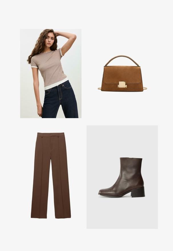 Nuori nainen, jolla on pitkät kiharat hiukset ja vaaleanruskea lyhythihainen paita sekä tummansiniset farkut, poseeraa yksi käsi nostettuna pään taakse.; Ruskeat, leveät housut, jotka on valmistettu sileästä kankaasta; sisältää vuoratut etupuoliset muotit ja litteän vyötärönauhan, jossa on vyölenkit.; Ruskeat nahkaiset nilkkurit, joissa on sileä pinta, pyöristetty varvasto ja paksu musta korko. Ominaisuuksina minimalistinen muotoilu ilman näkyvää varustusta.; Ruskea mokkanahkainen käsilaukku, jossa on kultainen neliönmuotoinen solki, yläkahva ja ketjuhihna. Ominaisuuksia ovat suorakaiteen muoto ja pyöristetyt reunat.