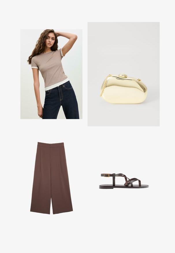 Mladá žena s dlouhými kudrnatými vlasy, oblečená v taupe krátkém rukávu a tmavě modrých džínách, pózující s jednou rukou zvednutou za hlavou.; Hnědé široké kalhoty s hladkou texturou, vysokým pasem a předními záhyby. Materiál je lehký a volně splývá.; Hnědé kožené sandály s kříženými pásky, uzavřením na přezku u kotníku a plochou podrážkou s minimem švů.; Metalická zlatá kabelka s hladkým, zaobleným tvarem, opatřená horním zapínáním na knoflík a malým řetízkovým popruhem pro nošení.