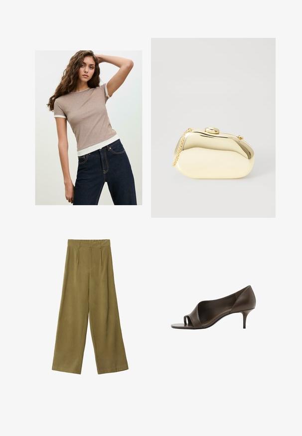 Ung dame med langt krøllet hår iført en taupe kortærmet bluse og mørkeblå jeans, poserer med den ene arm hævet bag hovedet.; Bredde bukser i olivengrøn, lavet af blødt stof. Har høj talje, frontfolder og en glat overflade.; Brune læder open-toe højhælede sko med en glat overflade og en slank stiletto hæl. Har et udskåret design og en minimalistisk form.; Metallic guld clutch med en glat, rund form, udstyret med en topknap-lås og et lille kædehåndtag til bæring.