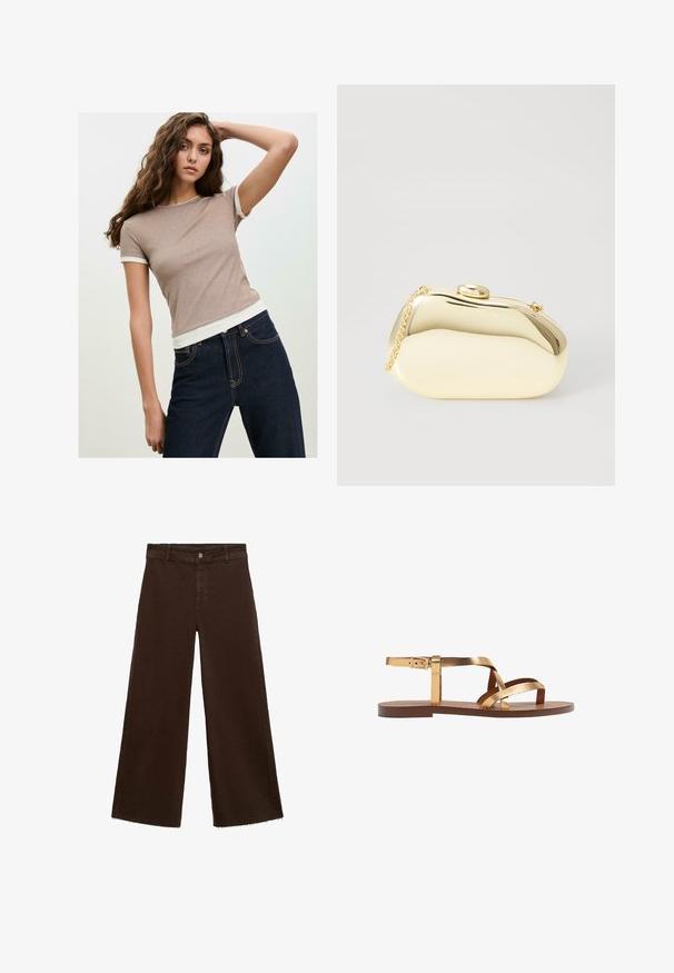 Ung kvinna med långt lockigt hår som bär en taupe kortärmad topp och mörkblå jeans, poserar med ena armen lyft bakom huvudet.; Bruna breda byxor i bomullsblandning med fransar vid fållen, framknäppning och klassisk femfickdesign. Minimalistiska och mångsidiga.; Guldmetalliska flatsandaler med flera breda remmar, en spänne kring vristen och en brun platt sula. Slät textur genom hela skon.; Metallisk guldclutch med en slät, rund form, som har en knappstängning på toppen och ett litet kedjehandtag för bärande.