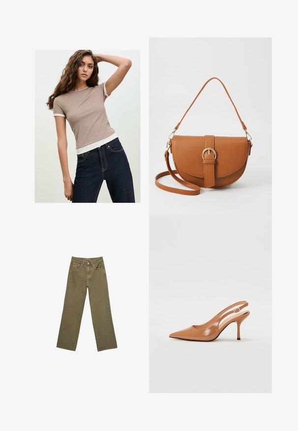 Mladá žena s dlhými kučeravými vlasmi, oblečená v taupe tričku s krátkym rukávom a tmavomodrých džínsoch, pózujúca s jednou rukou zdvihnutou za hlavou.; Olive zelené nohavice s širokými nohavicami v bavlne s pevnou textúrou. Obsahujú zips na prednej strane, päť vreciek a kontrastné šitie v blízkosti pásu.; Sandal s úzkym podpätkom a špicatou špičkou v hladkej lesklej hnedej materiáli. Obsahuje zakrivený výrez a štíhly ihlový podpätok. Strieborný prackový detail.; Hnedá kožená kabelka cez telo s zakriveným tvarom, zlatými kovovými doplnkami a akcentom s prackou. Obsahuje odnímateľný ramenný popruh.; Stradivarius FLORAL - Náhrdelník - beige