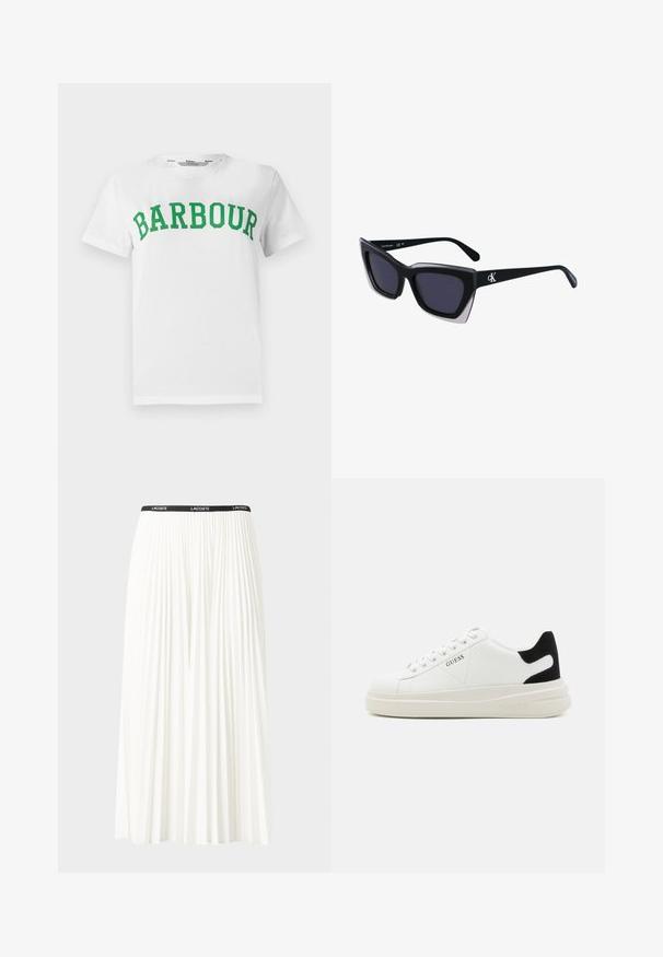 Bílý bavlněný tričko s výrazným zeleným potiskem "BARBOUR" ve vyklenutém blokovém písmu přes hruď. Klasický design s kulatým výstřihem.; Záhybová bílá sukně s černým elastickým pasem s logem "LACOSTE". Suška je střední délky a má jemnou texturu.; Bílé kožené tenisky s tlustou bílou podrážkou, černým semišovým akcentem na patě a vyraženým logem na boku. Šněrovací design se šesti očka.; Černé oversized sluneční brýle geometrického tvaru, s tmavými skly a kontrastním šedým detailem na rámu. Logo na rameni.